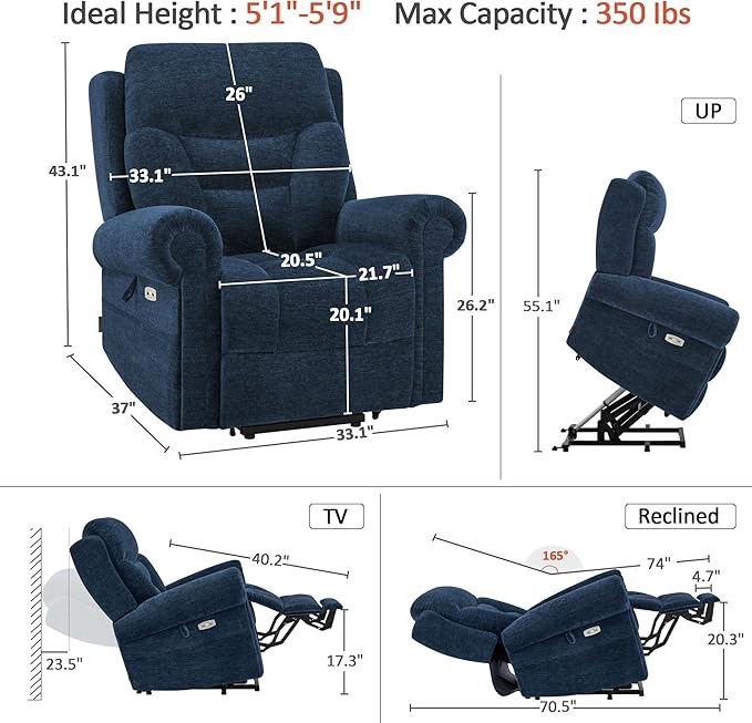 MCombo Triple Motor Power Lift Recliner Chair with Massage and Lumbar&seat Heating, Rolled Arms, Adjustable Headrest for Elderly People, Fabric 7888 (Navy Blue, Medium)