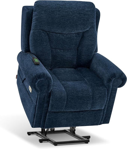MCombo Triple Motor Power Lift Recliner Chair with Massage and Lumbar&seat Heating, Rolled Arms, Adjustable Headrest for Elderly People, Fabric 7888 (Navy Blue, Medium)