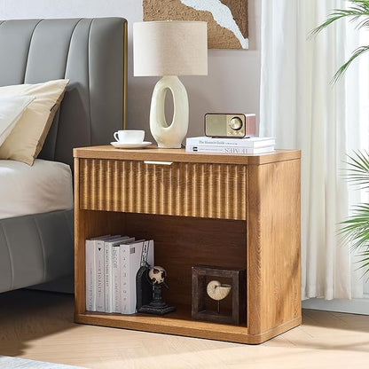 LEYAOYAO 31" Wide Fluted Nightstand Set of 2 with Charging Station, Oversized Extra Large 1 Drawer Night Stand with Golden Handle, Brown Wood Bedside Table Tall End Tables,for Bedroom, Living Room