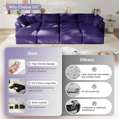 138" Boneless Cloud Couch Modular Sectional Sofa with Deep Seat for Living Room, L Shape Couch with Ottoman, Snowflake Cloth and 40D Memory Sponge，2 Throw Pillows (Purple, 4 Seater+4 Ottoman)