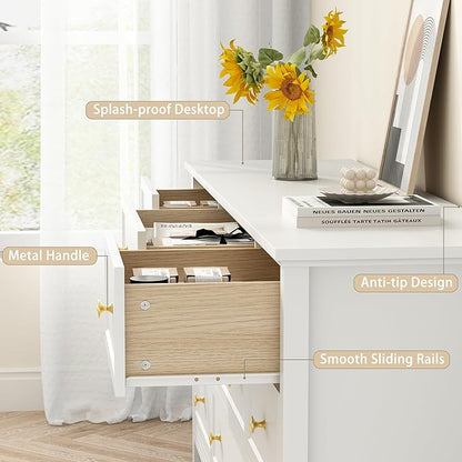 White 9 Drawers Dresser for Bedroom, 59'' Large Wood Dresser with Gold Handles, Modern Wide Chest of Storage Drawers for Hallway, Living Room