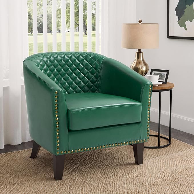 Pia Ricco Faux Leather Barrel Chairs Set of 2, Modern Comfy Accent Chairs, Upholstered Armchair Club Chairs with Nailhead Trim, Single Sofa Barrel Chair for Living Room Reading Room, Green