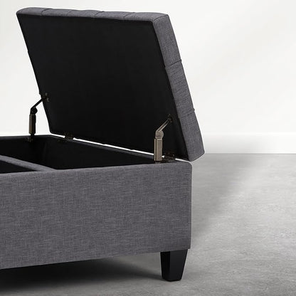 SIMPLIHOME Harrison Coffee Table Storage Ottoman - 36 inch Wide Upholstered Linen Look Fabric Square Storage Ottoman in Flint Grey, Transitional Tufted Ottoman for Living Room with Split Lift-Up Lid