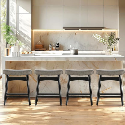 ALPHA HOME Bar Stools Set of 2, Solid Wood Saddle Kitchen Stools with Grey PU Leather Cushion Counter Height Barstools with Wooden Base for Kitchen Dining Cafe, 24 Inch, Grey, 2PCS