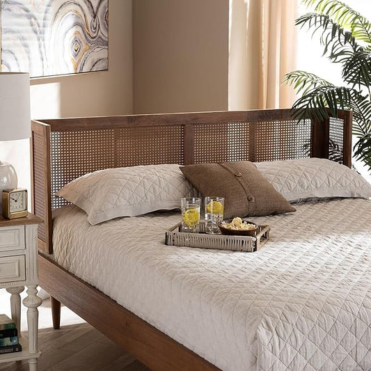 Eclectic Escape Mid-Century Modern Ash Wanut Finished Wood and Synthetic Rattan Wrap-Around Headboard King