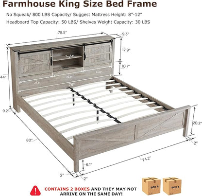 T4TREAM Farmhouse King Size Bed Frame w/Storage Bookcase Headboard, Sliding Barn Door, Charging Station, Rustic Wood Platform Bed w/Wood Slats Support, No Box Spring Needed, Light Rustic Oak