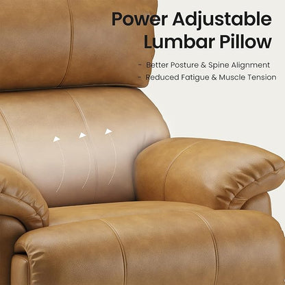 COLAMY Triple Motors Power Recliner Chair with Power Headrest & Lumbar Support Independent Adjustment for Living Room, Leather Electric Recliner Sofa Chair, Light Brown