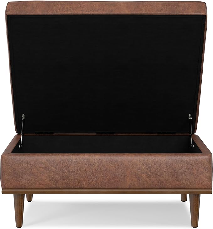 SIMPLIHOME Shiloh 38 inch Wide Transitional Contemporary Square Storage Ottoman in Distressed Saddle Brown Vegan Faux Leather, Assembled, for The Living Room, Entryway and Family Room