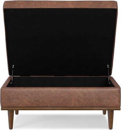 SIMPLIHOME Shiloh 38 inch Wide Transitional Contemporary Square Storage Ottoman in Distressed Saddle Brown Vegan Faux Leather, Assembled, for The Living Room, Entryway and Family Room
