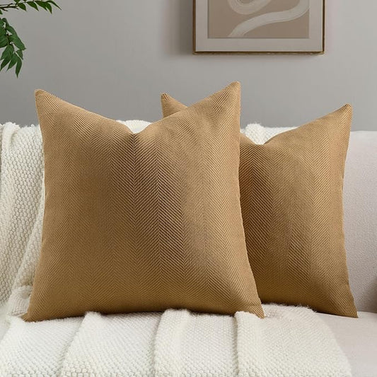 FUTEI Camel Chenille Throw Pillow Covers 22x22 Inch Set of 2,Soft Wide Chevron Textured Cushion Case,Farmhouse Home Decor for Couch Bed Living Room