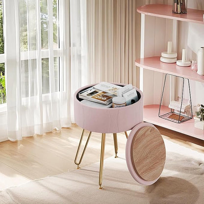 VECELO Vanity Stool with Storage, Velvet Chair for Vanity, Strong Metal Legs, Anti-Slip Feet, Padded Seat for Make Up, Bedroom, Living Room, Entryway, Pink