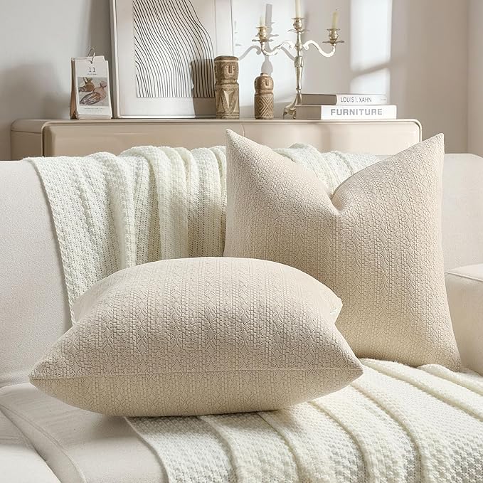 FUTEI Beige Chenille Throw Pillow Covers 22x22 Inch Set of 2,Soft Striped & Diamond Textured Cushion Cases,Modern Home Decor for Couch Living Room
