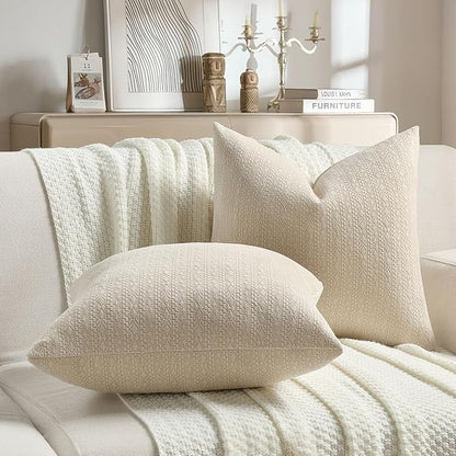 FUTEI Beige Chenille Throw Pillow Covers 22x22 Inch Set of 2,Soft Striped & Diamond Textured Cushion Cases,Modern Home Decor for Couch Living Room