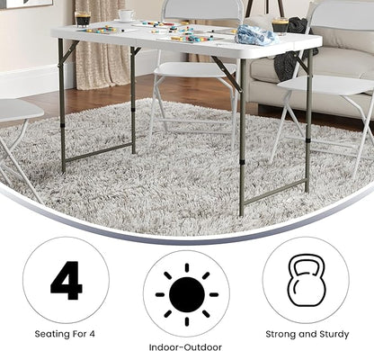 Flash Furniture 4' Rectangular Plastic Folding Event Table with Adjustable Legs and Carrying Handle, Bi-Fold Portable Banquet Table for Indoor/Outdoor Events, White