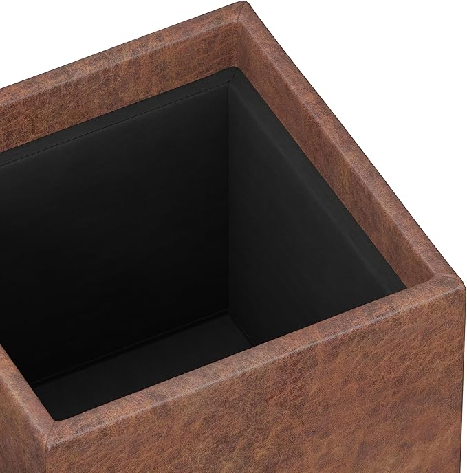 SIMPLIHOME Rockwood 18 inch Wide Contemporary Square Cube Storage Ottoman with Tray in Distressed Saddle Brown Vegan Faux Leather, Assembled, For the Living Room, Entryway and Family Room