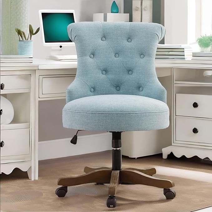 HUIMO Home Office Chair Upholstered Armless Desk Chair with Wheels Adjustable Height Computer Desk Chair with Wooden Legs Comfortable Linen Swivel Chairs for Home Office Study Studio (Teal)