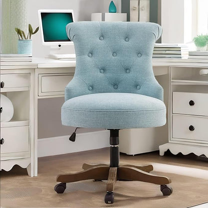 HUIMO Home Office Chair Upholstered Armless Desk Chair with Wheels Adjustable Height Computer Desk Chair with Wooden Legs Comfortable Linen Swivel Chairs for Home Office Study Studio (Teal)