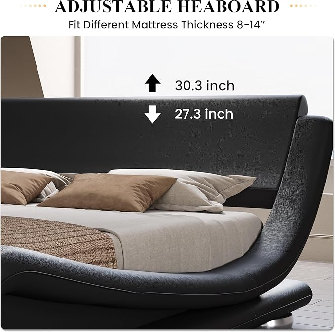 SHA CERLIN King Size Upholstered Bed Frame, Deluxe Low Profile Sleigh Bed with Faux Leather Ergonomics Headboard, No Box Spring Needed & Easy Assembly, Black
