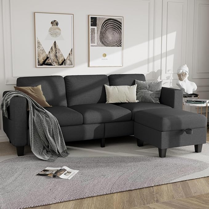 Youmumeub Sectional Sofa Couches for Living Room - Small Living Room L Shaped Pet Friendly Modular 3 Seater Couch-Convertible Washable Covers Suitable for Apartment Bedroom Office-Dark Gray Linen