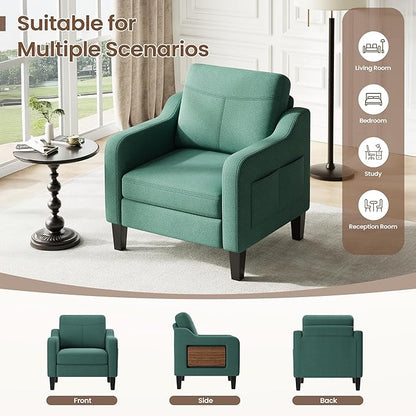 Accent Chair for Living Room Modern Linen Upholstered Armchair Side Wooden Fabric Sofa Chair with Foldable Table 2 Side Pockets Comfy Reading Chair for Bedroom