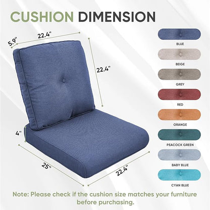 Outdoor Chair Cushion Set of 2, Waterproof Outdoor Seat Cushions 25x22, Patio Chair Cushions for Outdoor Furniture, Couch Cushion Replacement, Include 2 Back & 2 Seat Cushions, Button/Blue
