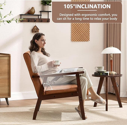 ANJ Mid Century Modern Accent Chair for Living Room, Tufted Faux Leather Armchair, Comfy Retro Bedroom Side Chair with Dark Wood Frame, Orange Brown