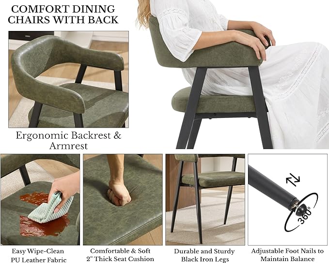 HNY Modern Dining Room Arm Chairs Set of 4, Green Retro Faux Leather Upholstered Barrel Dining Chairs with Arms Mid-Century Accent Chair with Metal Legs, Open-Back Kitchen Side Chairs for Living Room