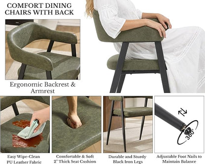 HNY Modern Dining Room Arm Chairs Set of 6, Green Retro Faux Leather Upholstered Barrel Dining Chairs with Arms Mid-Century Accent Chair with Metal Legs, Open-Back Kitchen Side Chairs for Living Room