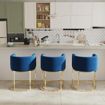 Contemporary Blue Velvet Bar Stool, 24" Upholstered Fabric Counter Height Barstool Kitchen Counter Island Stool with Screwed Together Golden Metal Base