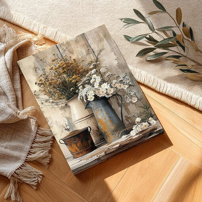 HLXRAE Framed Rustic Farmhouse Bathroom Wall Art, Vintage Country Floral Still Life Wall Decor, White Daisy Canvas Painting, Shabby Chic Flower Poster Print for Living Room Bedroom Kitchen 16"x24"