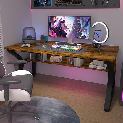 StarGraph Computer Desk 55'' Large Home Office Desk with Sturdy Metal Frame U Shaped Modern Computer Desks with Storage Study Writing Office Work from Home Desks (Rustic Brown, 55 inch)