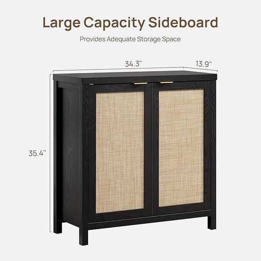 SICOTAS Sideboard Buffet Storage Cabinet - Boho Rattan Credenza Coffee Bar Cabinet with Large Storage, Farmhouse Console Buffet Table for Kitchen Living Room Entryway - 2 Black Pieces