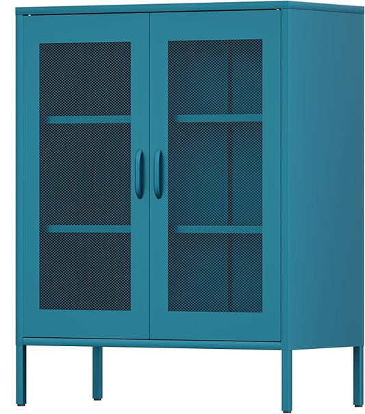 Blue Metal Storage Cabinet with Mesh Doors, Small Office Storage with 2 Adjustable Shelves, Accent Metal Locker for Home, Office, Living Room, Hallway