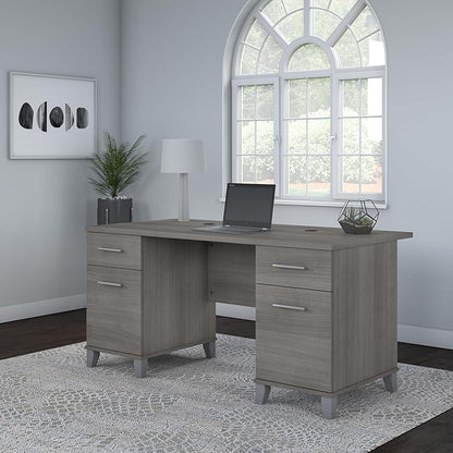 Bush Furniture 60-inch Home Office Desk with Drawers, Large Computer Table with Storage, Transitional Style, Somerset Collection, Platinum Gray