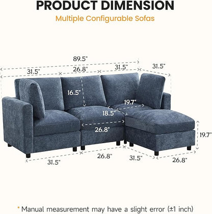 3-Seater Modular Sectional Cloud Sofa with Ottoman, L-Shaped Couch for Living Room, Modern Convertible Deep Seats Sofa, Chenille Blue