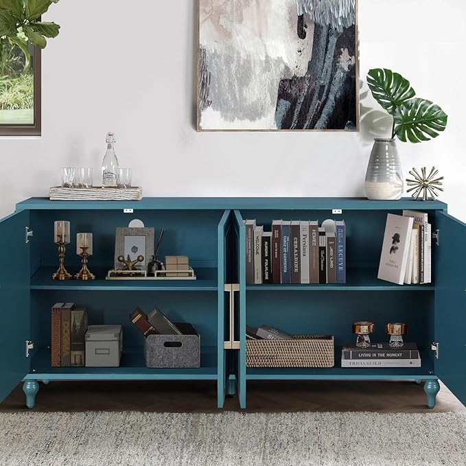 Sideboard Buffet Credenza for Living Room, 63" Blue Entryway Table with Storage Accent Cabinet, Carved Flowers Doors & Wire Holes