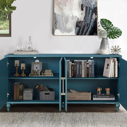 Sideboard Buffet Credenza for Living Room, 63" Blue Entryway Table with Storage Accent Cabinet, Carved Flowers Doors & Wire Holes