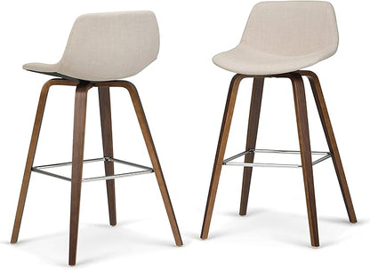 SIMPLIHOME Randolph Counter Stools (Set of 2) - 28 Inch Seat Height Upholstered Bentwood Kitchen Seats in Natural Linen Look Fabric, Mid Century Modern Seating with Curved Backrest and Chrome Footrest