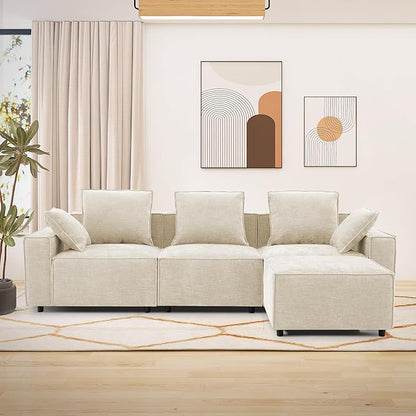 WILLOVE 109'' Modular Sectional Sofa, Chenille Cloud Couch with Wide Armrests & 5 Pillows, Deep Seat Couches for Living Room, Beige