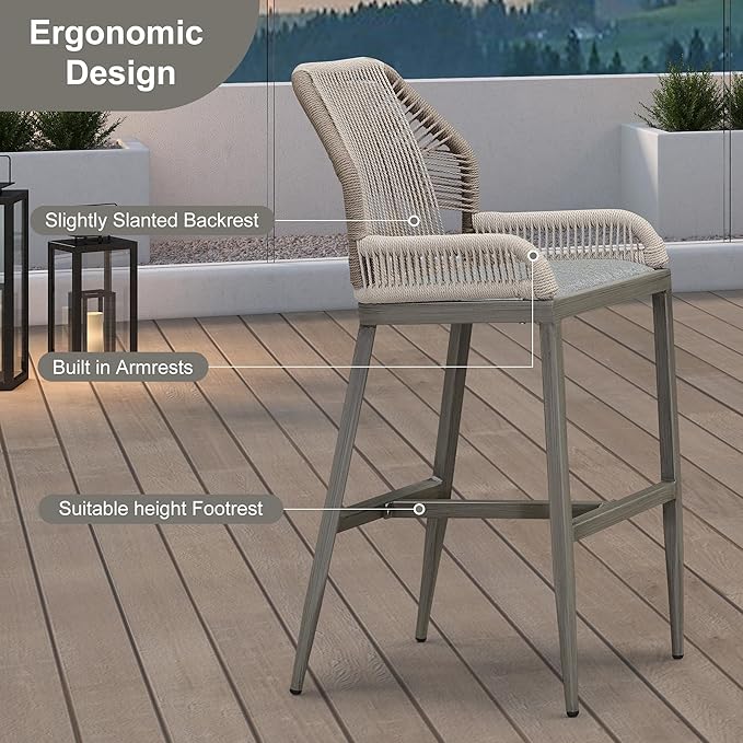 PURPLE LEAF 4 Pieces Bar Stools Patio Modern Rattan Barstools Aluminum Woven Tall Bar Chairs with Cushions for Outdoor Kitchen Island Garden