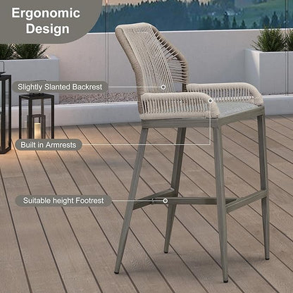 PURPLE LEAF 2 Pieces Bar Stools Patio Modern Rattan Barstools Aluminum Woven Tall Bar Chairs with Cushions for Outdoor Kitchen Island Garden