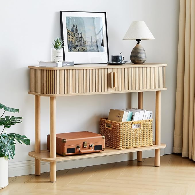 RARZOE Console Table with Storage, Fluted Entryway Table with Sliding Door&Open Shelf, Sofa Table Behind Couch, Mid-Century Modern Accent Table for Hallway, Entrance, Foyer, Fully Assembled(Natural)