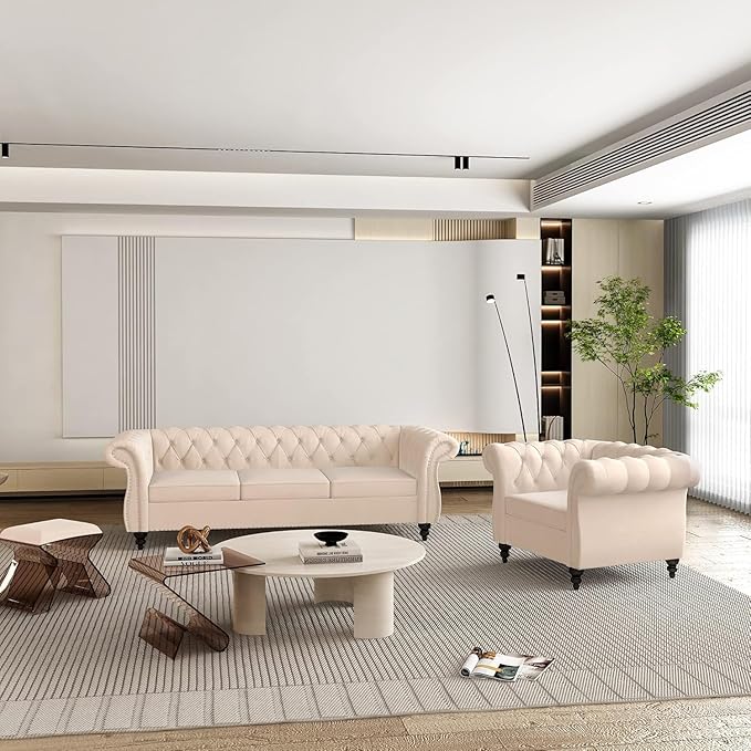 Chesterfield Loveseat Sofa, Modern Velvet Small Sofa Couch 2 Seater with Rolled Arms and Nailhead, Mid Century Modern Loveseat Couch for Small Spaces Living Room Bedroom Apartment, Beige
