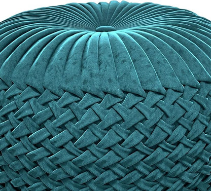 SIMPLIHOME Grafton Transitional Round Pouf in Teal Velvet Fabric for the Living Room, Bedroom and Kids Room