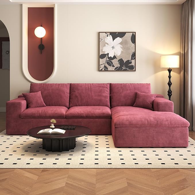 107'' L-Shaped Modern Modular Sectional Cloud Couch, 4-Seat Chenille Deep-Seat Sofa with Pillow for Living Room, Bedroom, Apartment, Wine Red