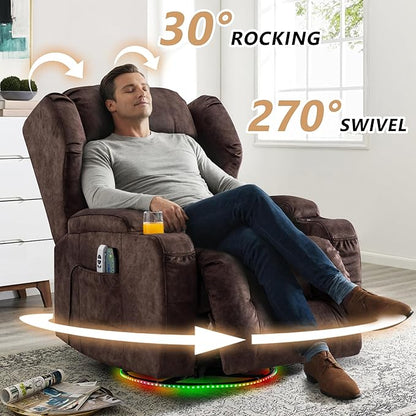 Power Swivel Rocker Recliner Chairs, Electric Wall Hugger Reclining Sofa with Massage & Heat, Comfy Theater Seating Single Sofa with LED Light/USB/Type-C Ports (Velvet Brown, Single Chair)
