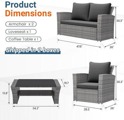 Wisteria Lane 4 Piece Patio Furniture Set, Wicker Outdoor Patio Conversation Furniture Set, All Weather Outdoor Patio Sofa with Cushion and Glass Table, Dark Grey