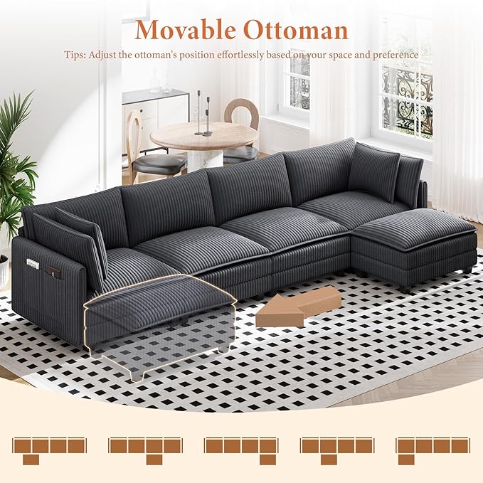 Vesgantti 143" L Shaped Modular Sectional Couch, Comfy Corduroy Upholstered Cloud Couches for Living Room, Modern 3 Seater Sofa with Movable Ottoman & Throw Pillows, Charcoal Grey
