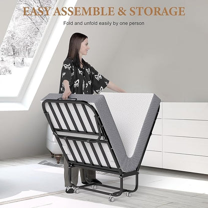 Folding Bed with Memory Foam Mattress, Portable Rollaway Guest Beds on Wheels, 75"x31" Twin Size Space-Saving Cot-Size Bed for Adults with Easy Assembly Metal Frame (White)