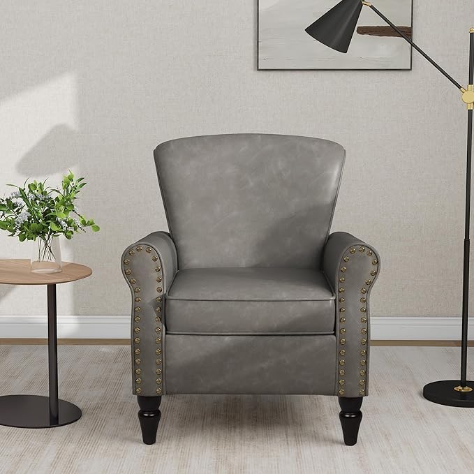 Accent Chair, Mid Century Modern Faux Leather Arm Chair with Wood Leg for Living Room, Bedroom, Comfy PU Leather Club Reading Chairs with Wingback & Nailhead Trim (Leather Grey, Set of 2)